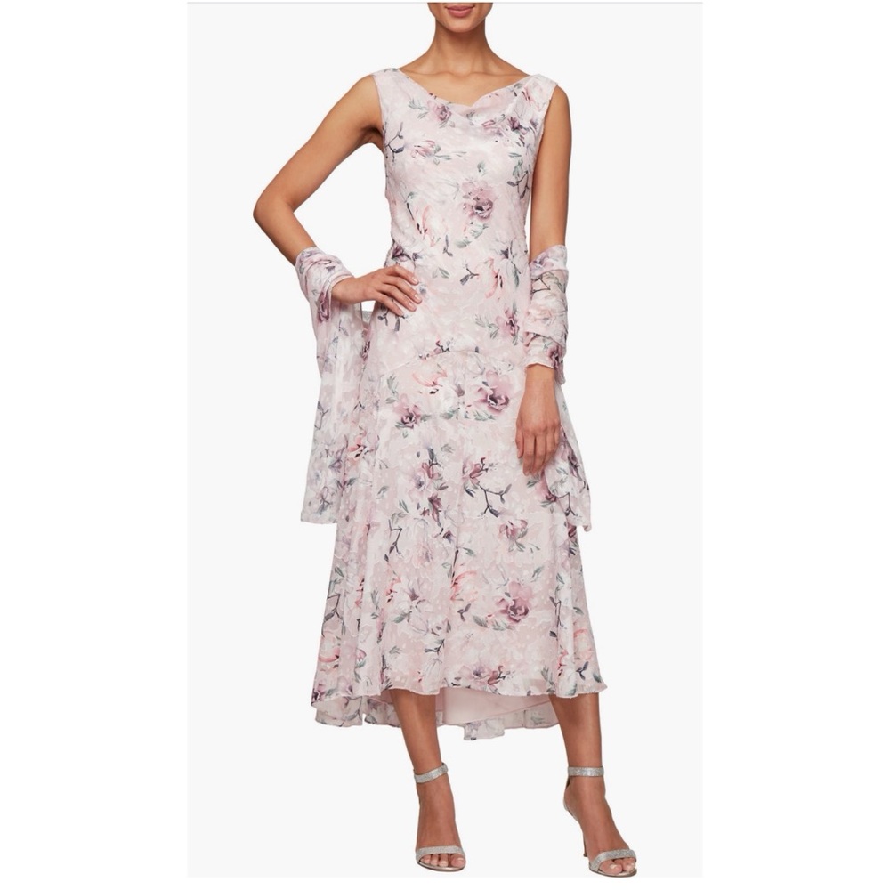 Alex Evenings Floral Burnout High Low Chiffon Midi Dress‎ Pink Wrap Cowl Size 6
